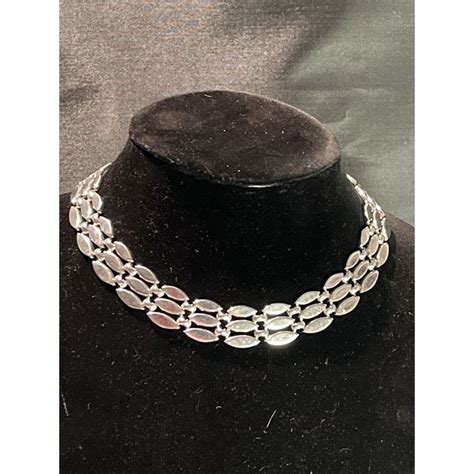 Vintage Signed Monet Silvertone Link Choker Necklace Gem