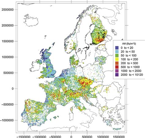 Map Of Radon In Europe Arithmetic Means Over 10 Km Â 10 Km Cells Of