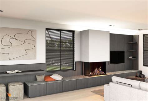 A Modern Living Room With Fireplace And Couches