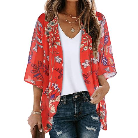 Lilgiuy Women S Floral Print Puff Sleeve Kimono Cardigan Loose Chiffon