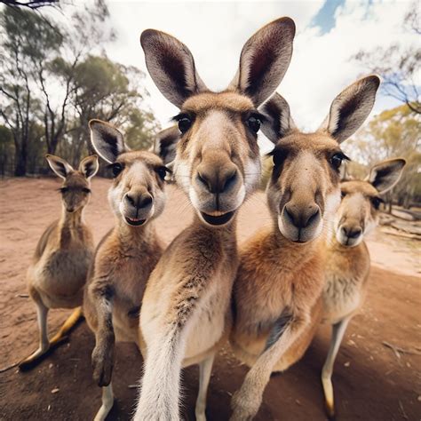 Un Grupo De Canguros Graciosos Tomando Una Selfie Foto Premium