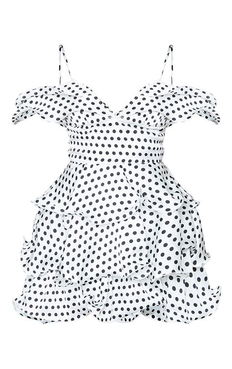 White Polka Dot Frill Tiered Skater Dress Prettylittlething Aus