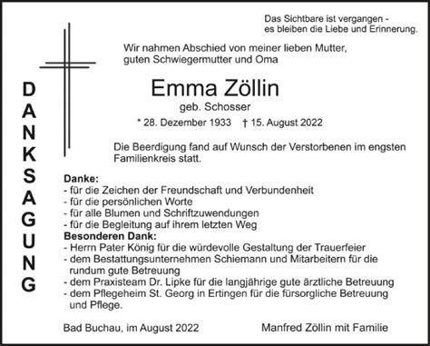 Traueranzeigen Von Emma Z Llin Schwaebische De Trauerportal