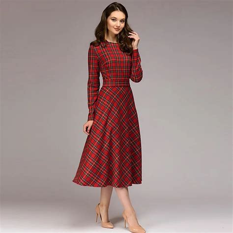 Red Plaid Long Sleeve Bow A Line Long Dress Women Vintage O Neck Slim