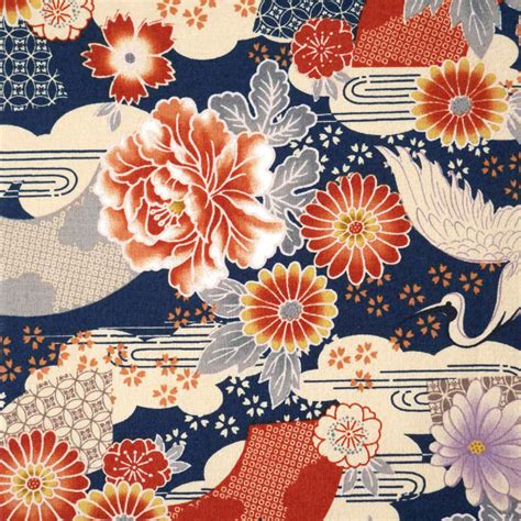 Tissu Bleu Japonais En Coton Grues Et Fleurs Fabriqu Au Japon Largeur