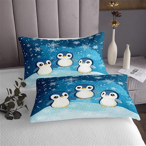 Yst Cute Penguin Twin Quilt Bedding Setblue Winter Snowflake Bedspread