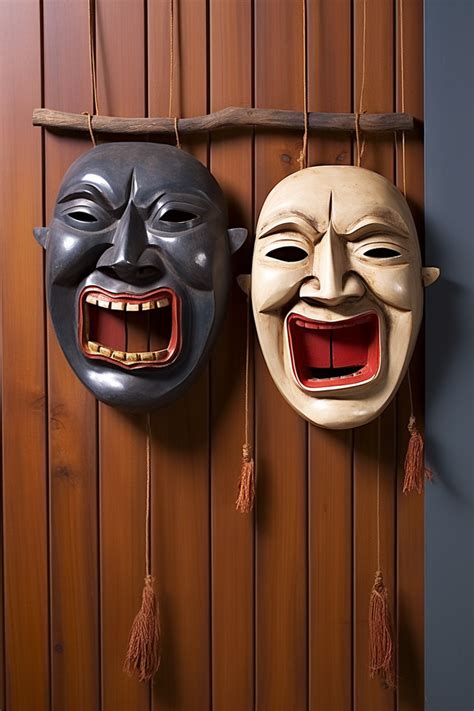 Two Masks Hanged On The Side Of A Wooden Door Background Wallpaper