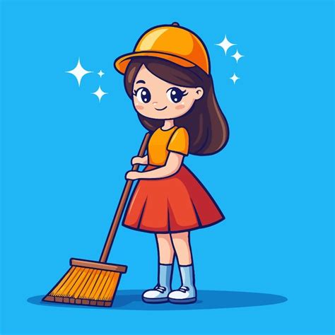 Cute Woman Sweeping With Broom Cartoon Vector Premium Ai Generated Vector