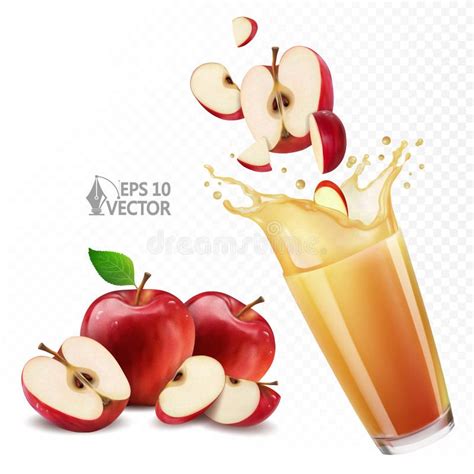 Jugo De Manzana Natural En Un Jugoso De Vidrio Y Gotas Conjunto De