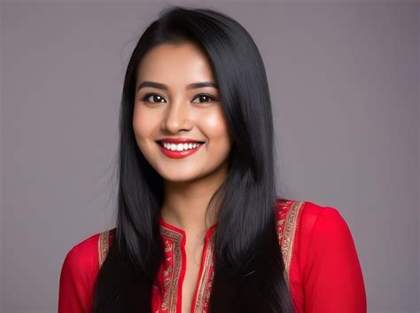 Premium Photo Smiling Nepali Girl In Red Kurta