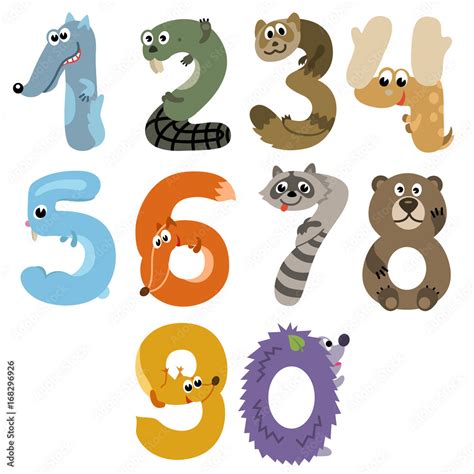 Numbers like European forest animals / Solid fill cartoon illustration ...