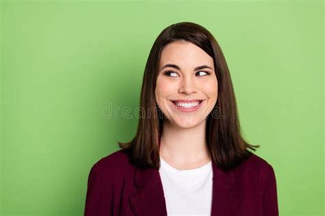 Photo Of Nice Optimistic Brown Hairdo Lady Look Empty Space Wear Red