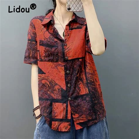 Women Y2K Vintage Printed Harajuku Button Up Shirt Summer Trendy Casual