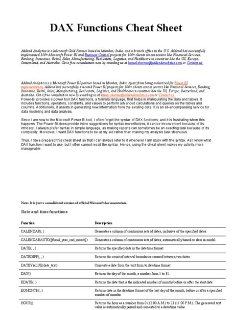 Dax Functions Cheat Sheet 1 Pdf Bond Duration Mathematics