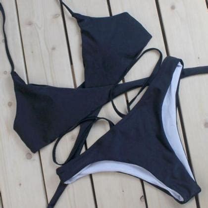 Pure Color Fashion Halter Chest Straps Cross Bottom Side Open Two Piece Bikini Green On Luulla