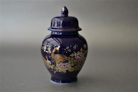 Vintage Japanese Ginger Jar Cobalt Blue With Gold Peacocks Ginger Jar