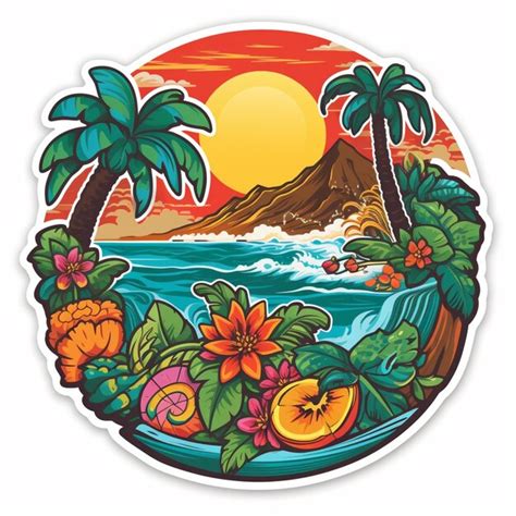 Premium Photo A Sticker With A Tropical Scene And A Volcano In The