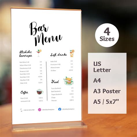 Editable Diner Price Sheet, Custom One-page Bar Menu Card, Printable
