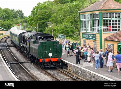 Swanage England June 2021 Vintage Steam Train Arriving At The