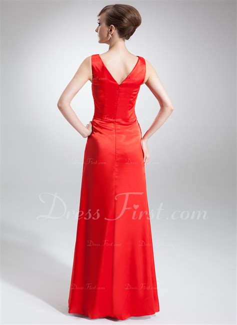 A Line Princess V Neck Floor Length Charmeuse Evening Dress With Ruffle