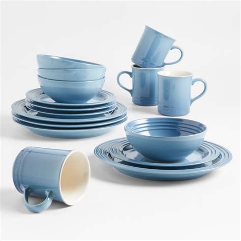 Le Creuset 16 Piece Chambray Blue Dinnerware Set Reviews Crate And Barrel