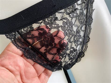 Vintage String Bikini Black Panties NOS Frilly Lace Flutter Hi Cut Size Large EBay