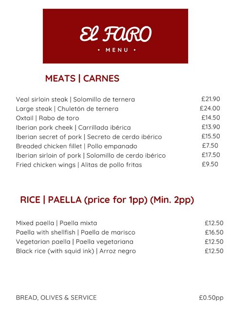 Menu at El Faro Restaurant, Gibraltar