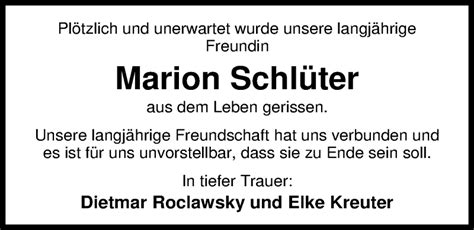 Traueranzeigen Von Marion Schl Ter Nordwest Trauer De