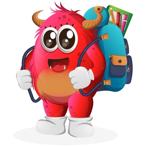 Premium Vector Vector Cute Red Monster Carrying A Schoolbag Backpack