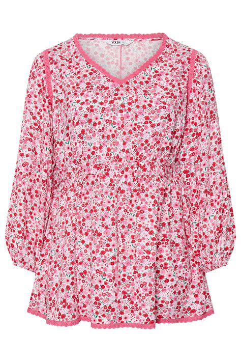 Yours Plus Size Pink Ditsy Floral Print Smock Top Yours Clothing