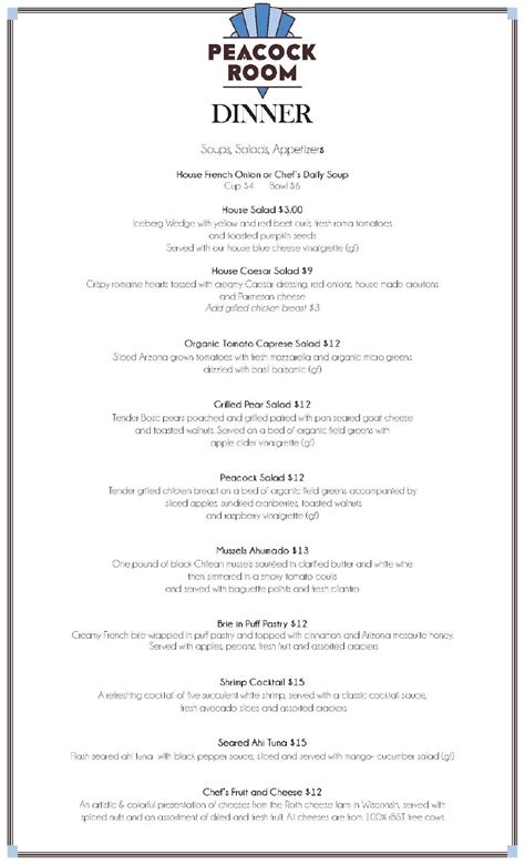 Menu at Peacock Room-Hassayampa Inn pub & bar, Prescott