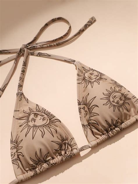 Goth Cartoon Sun Print Bikini Set Halter Triangle Bra Tie Side Bottom Knot Beach Skirt 3