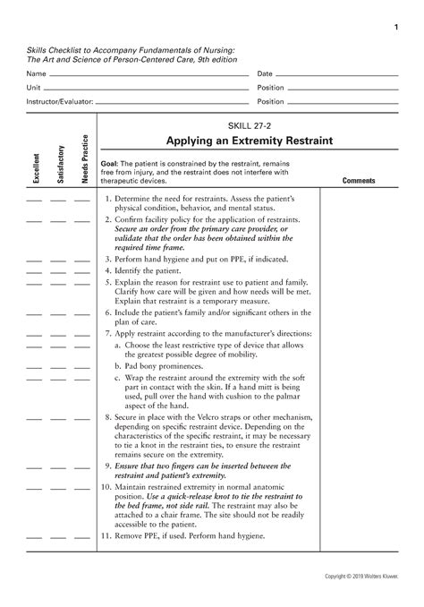 Extremity Restraints 1 Skills Checklist To Accompany Fundamentals Of