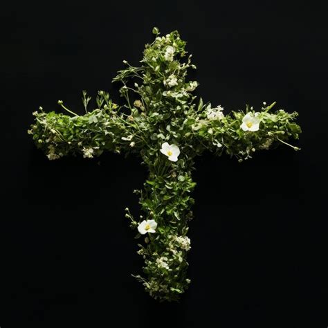 Cross Made Of Green Grass And White Flowers On A Black Background