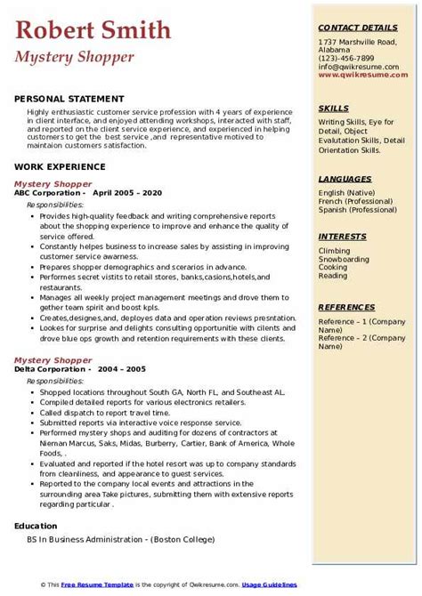 Mystery Shopper Resume Samples Qwikresume