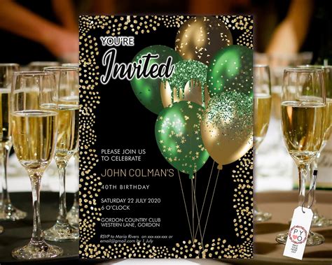 Black Gold Glitter Editable Birthday Party Invitation Unisex Printable