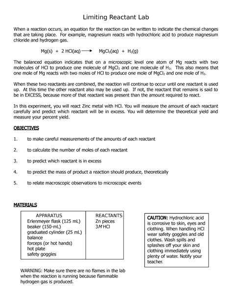 Zn Cl2 Limiting Reactant Lab Limiting Reactant Lab When A Reaction Occurs An Equation For The