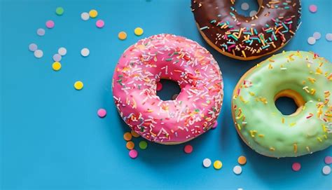 Rosquinhas rosquinhas de cores diferentes em um fundo azul açúcar