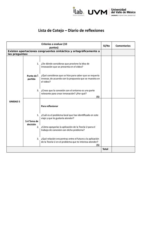 Diario De Reflexiones Unidad 5 Lista De Cotejo Diario De