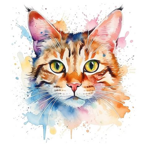 Hermoso Dibujo De Acuarela De Gato Con Un Fondo Blanco Vector Premium