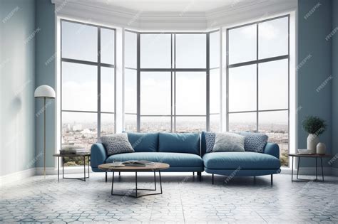 Premium AI Image | Modern living room with a comfortable blue couch and ample natural light from ...