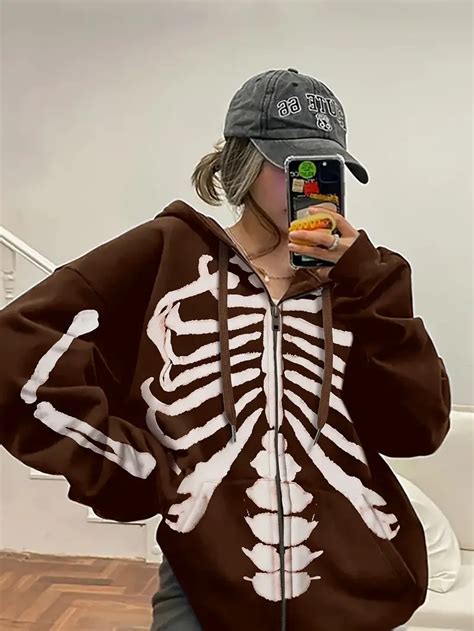 Skeleton Print Zip Drawstring Hoodie Casual Long Sleeve Temu Oman