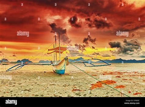 Traditional philippine boat bangka at sunset time Stock Photo - Alamy