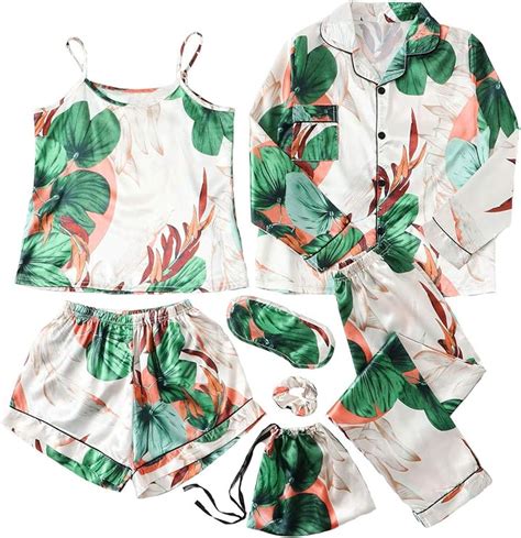 Milumia Womens 7 Pcs Tropical Printed Pajama Set Satin Cami Pjs