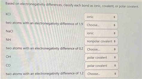 Solved Based On Electronegativity Differences Classify Each Bond As