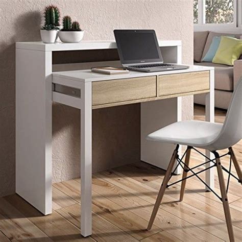 Mesa Consola Escritorio Extensible Blanco Brillo Y Roble Canadian Para