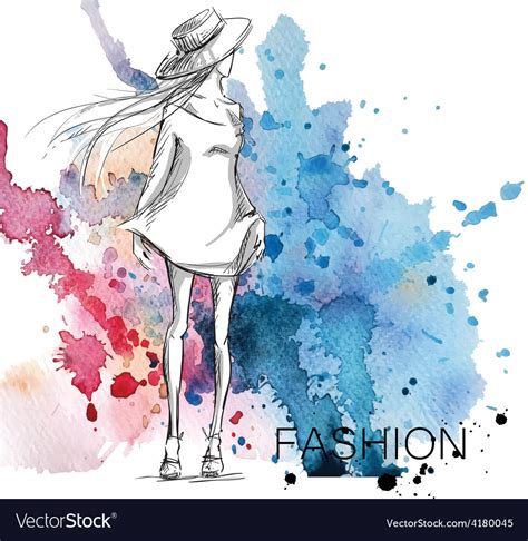 Fashion Sketch On A Watercolor Background Vector Image