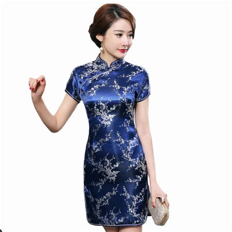 Navy Blue Satin Qipao Summer Lady Traditional Chinese Style Cheongsam