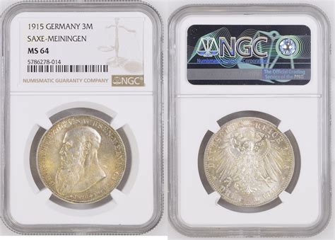 GERMANY 3 Mark Sachsen Meiningen 1915 Auf Den Tod NGC MS 64 MA Shops