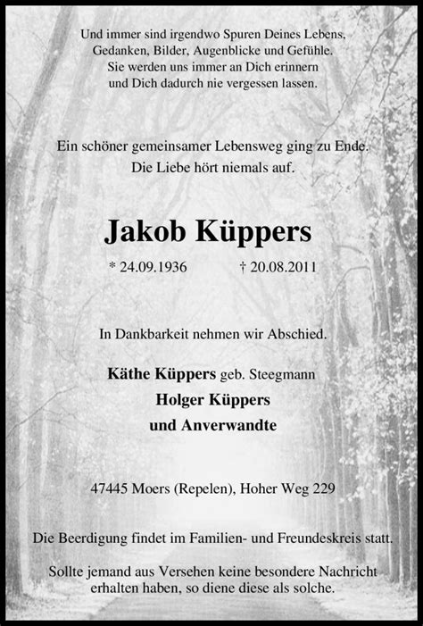 Traueranzeigen Von Jakob K Ppers Trauer In Nrw De